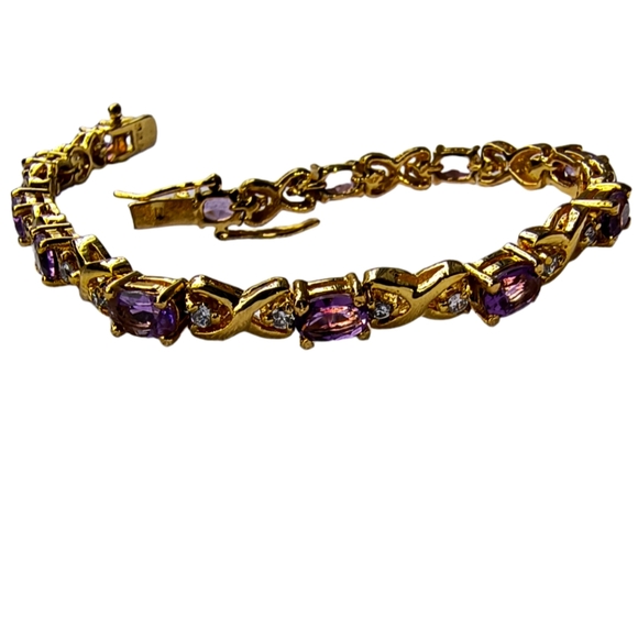 Amethyst, CZ & Gold Vermeil Sterling Silver Tennis Bracelet 7 Inches - Picture 1 of 13